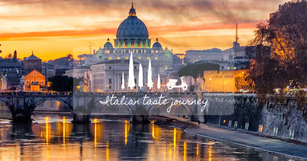Italian Taste Journey. Rome skyline with St. Peter's Basilica, bridge over Tiber River, and sunset.