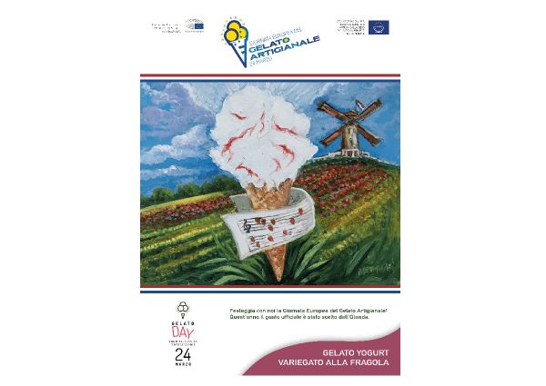 Italian Gelato Day poster. Features gelato, windmill, and strawberry yogurt flavor.
