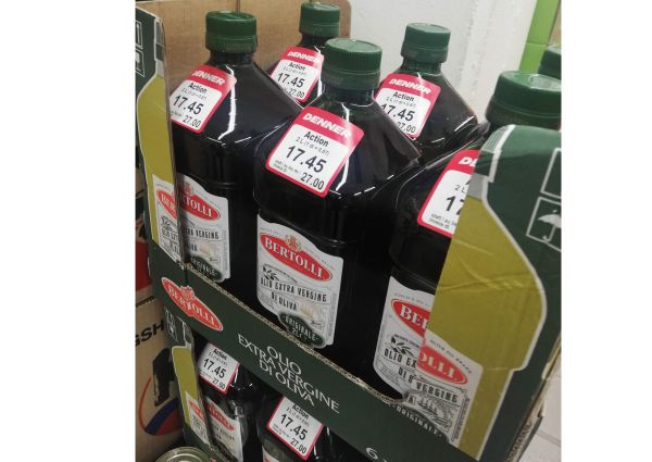 Bertolli extra virgin olive oil on sale at Denner Market in Switzerland.