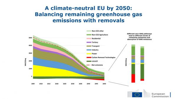 EU Green Deal: Greenhouse gas emissions reduction graph to climate-neutral by 2050. Italy's dairy industry and agriculture sector.
