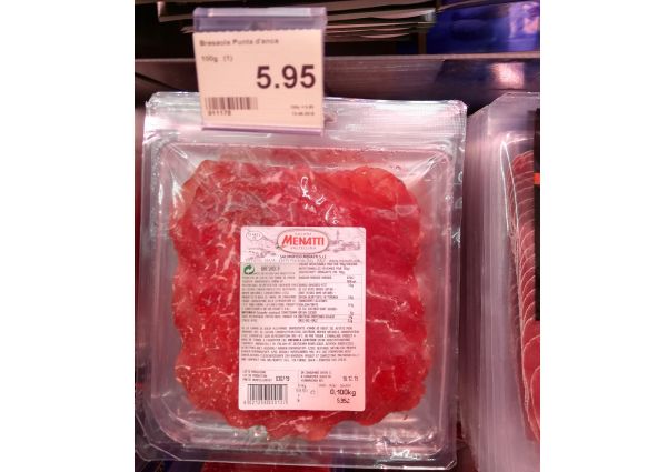Menatti Bresaola at Denner Market in Switzerland. Cured meat in packaging with price tag.