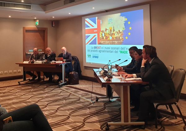 Brexit scenarios presentation. UK, EU flags. Discussion of Made in Italy products. Brexit impact on trade.