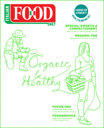 Italian Food Net magazine cover. Organic and healthy food focus. Farmer and shopper illustrations. Sweets, confectionery, and F&B highlights.