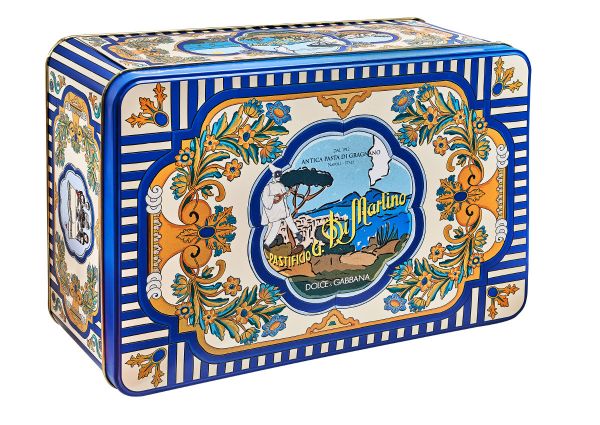 Di Martino & Dolce Gabbana gift box. Italian pasta in a decorative tin. Luxury food gift.