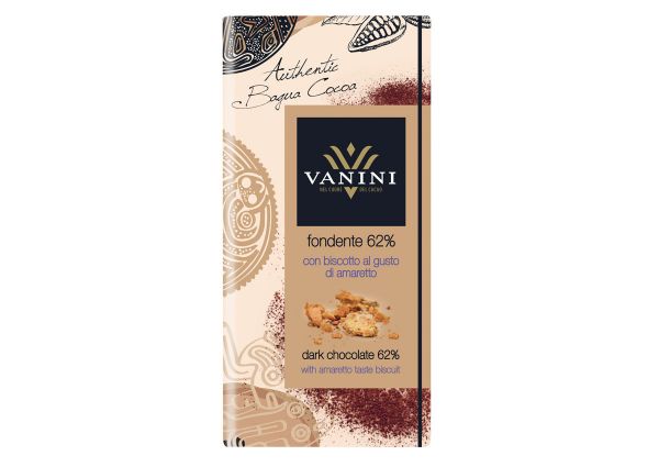 Vanini dark chocolate 62% with amaretto biscuit. Italian sweet specialty showcased at ISM 2020.