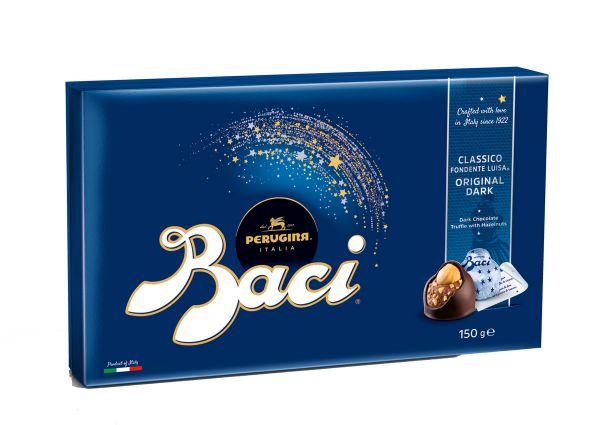 Baci Perugina Dark Chocolate box. Italian sweets with hazelnuts. Nestle Italiana chocolate truffles.