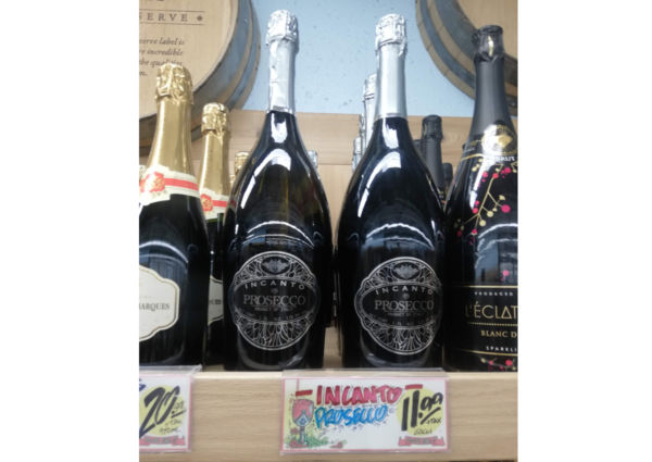 Trader Joe's Italian food: Incanto Prosecco wine bottles on a shelf.