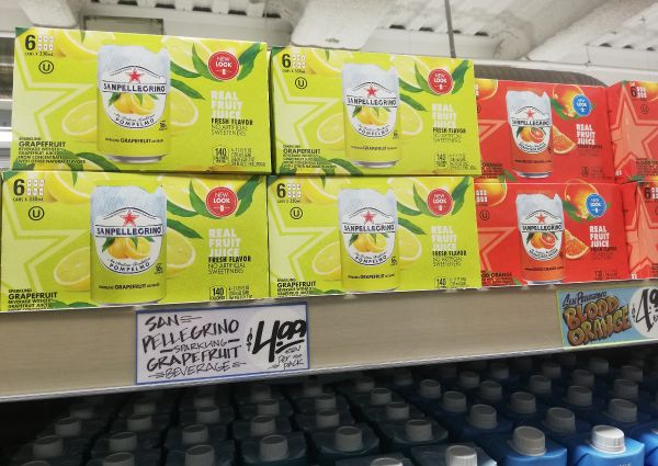 Trader Joe's Sanpellegrino sparkling fruit juice. Grapefruit (pompelmo) and blood orange flavors. Italian food and beverage.