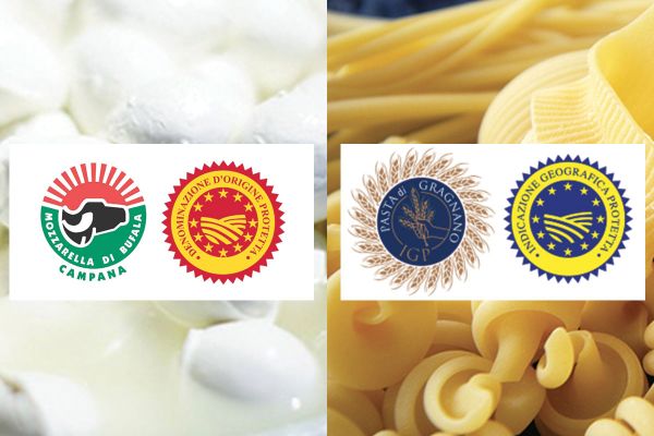 Buffalo mozzarella and Gragnano pasta. DOP and IGP logos. Italian food agreement. Authentic regional products.