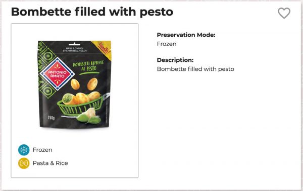 Frozen bombette with pesto packaging. Savory filled pasta, Italian cuisine. Innovative frozen food product.