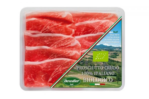 Packaged, pre-sliced Devodier prosciutto crudo. 100% Italian, organic charcuterie.