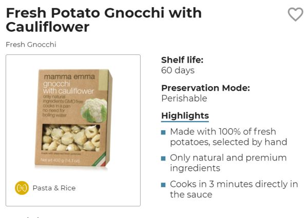 Mamma Emma gnocchi with cauliflower. Fresh potato gnocchi, natural ingredients, cooks in a pan. Pasta & Rice.