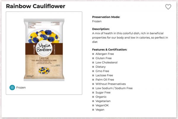 Frozen rainbow cauliflower. Bag of mixed color cauliflower florets. Healthy, dietary, vegan, vegetarian, gluten and allergen-free food.