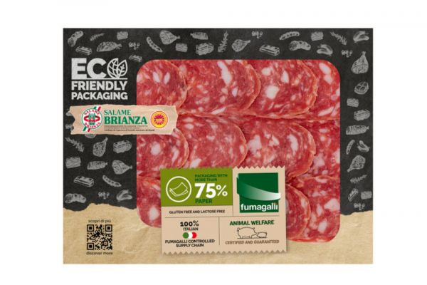 Packaged pre-sliced Salame Brianza charcuterie. Eco-friendly packaging, gluten & lactose free, 100% Italian, Fumagalli brand.