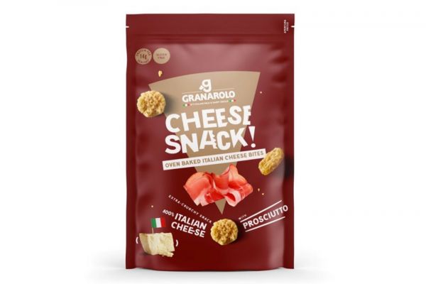 Granarolo cheese snack bag. Oven-baked Italian cheese bites with prosciutto. Packaged charcuterie.