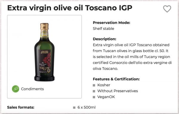 Extra virgin olive oil Toscano IGP in a dark green glass bottle with a gold cap. Tuscan olive oil.