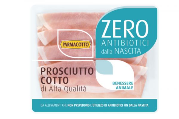Packaged Parmacotto Prosciutto Cotto. Pre-sliced, high-quality Italian cooked ham. Zero antibiotics. Charcuterie product.
