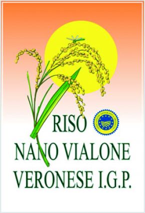 Riso Nano Vialone Veronese I.G.P. logo. Italian rice export to China. Vialone Nano rice illustration.