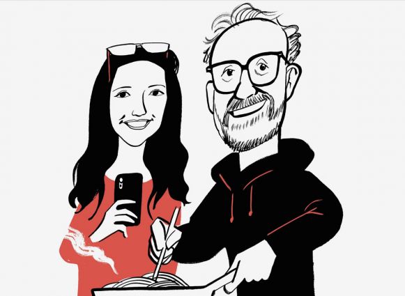 Illustration of Massimo Bottura and wife Lara cooking pasta during Kitchen Quarantine.
