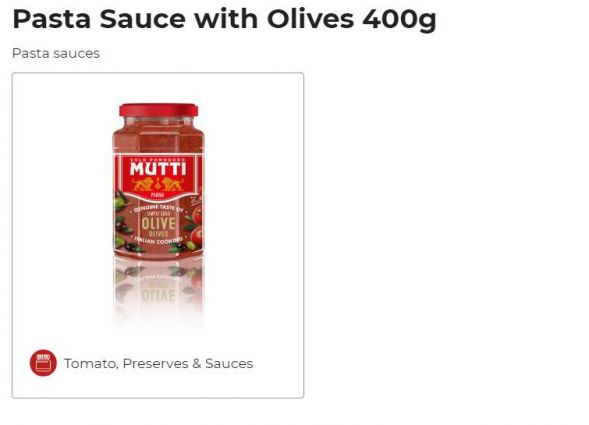 Mutti pasta sauce with olives. Jar of tomato sauce for Italian cooking.