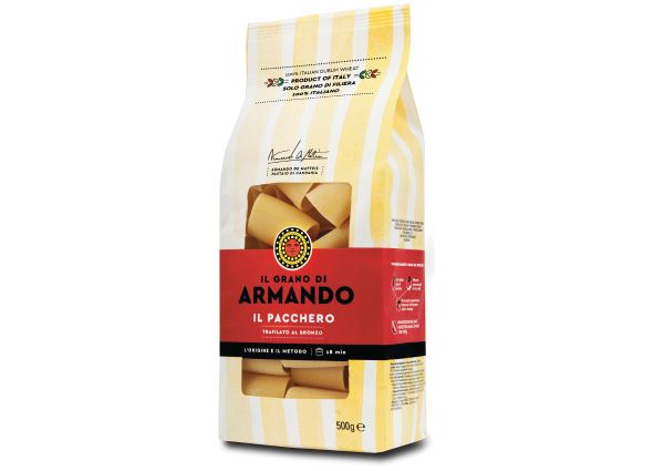Armando Pacchero pasta package. Italian durum wheat pasta made in Italy. De Matteis cutting edge pasta production.