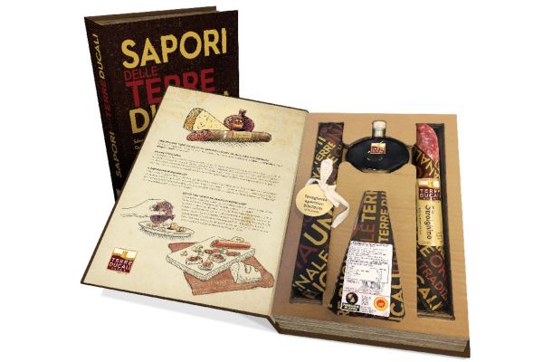 Terre Ducali premium food gift set. Book-shaped packaging with cheese, balsamic vinegar, and salami. Gourmet Italian food.