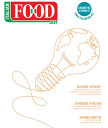 Italian Food NET magazine cover, featuring a lightbulb shaped like the world. Food innovation and cheese focus.