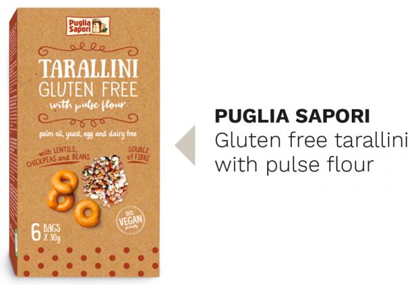 Puglia Sapori gluten-free tarallini with pulse flour. Italian food award winner. Vegan bakery product.