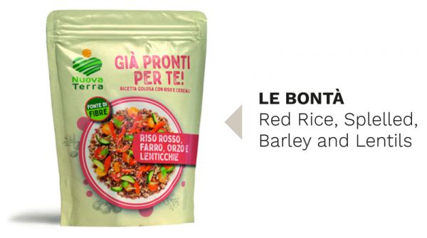Nuova Terra Italian food. Le Bonta red rice, spelt, barley, and lentils recipe. Italian Food Awards 2020 winner.