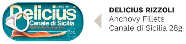 Delicius Rizzoli anchovy fillets in a can. Italian seafood award winner. Canale di Sicilia anchovies.