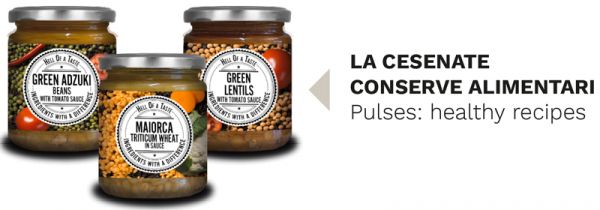 Italian Food Awards: Jars of green adzuki beans, lentils, and Maiorca triticum wheat in tomato sauce. La Cesenate Conserve Alimentari.
