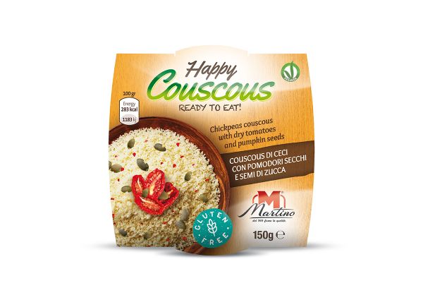 Happy Couscous package. Ready to eat vegan couscous with tomatoes and pumpkin seeds.
