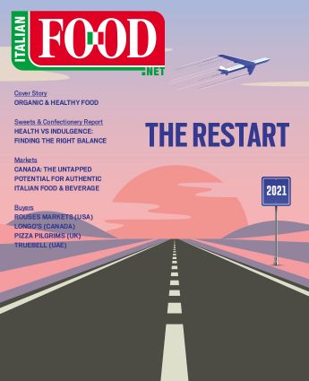 Italian Food NET, Regular Issue n.1 2021 cover. The Restart with road, airplane, and organic food market focus.