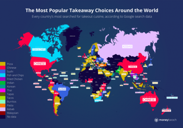 World map showing most popular takeaway food by country. Pizza takeaway is the most searched on Google.