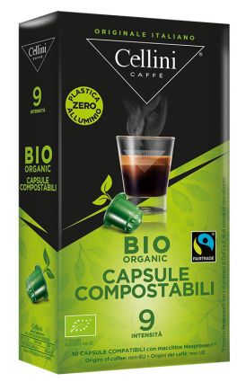 Cellini Ekaf Bio Organic compostable coffee capsules. Taste of Italy.