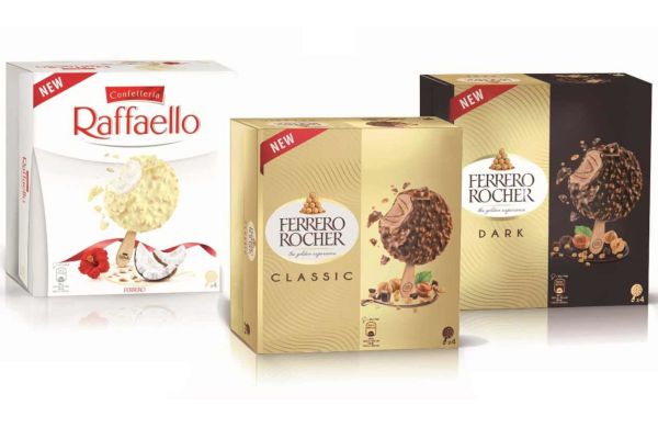 Ferrero Rocher ice cream. Raffaello, Classic, and Dark chocolate gelato boxes. Ferrero enters the packaged ice cream market.