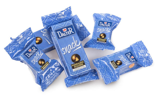 Dalter snack. Parmigiano Reggiano cheese snack in blue packaging. Italian cheese snack.