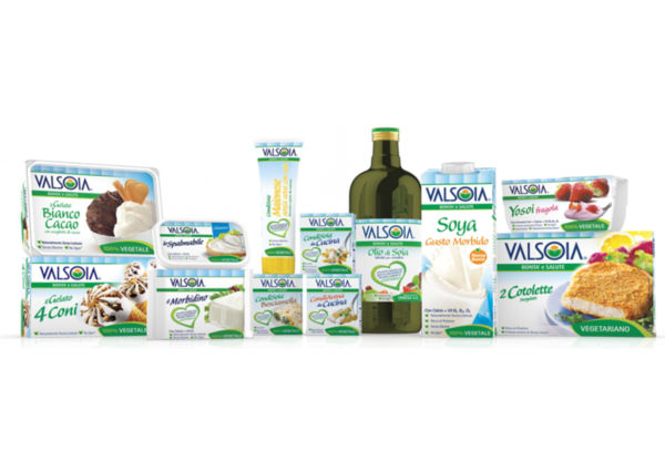 Valsoia product range: plant-based ice cream, soy milk, olive oil, and vegetarian cutlets.
