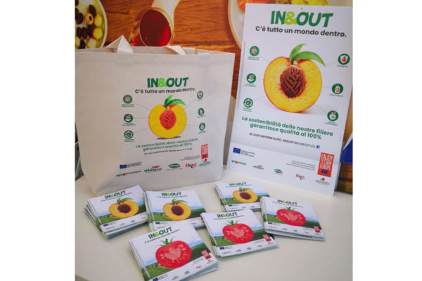 IN&OUT project promo materials: tote bag, flyers, and poster. European fruit and vegetables promotion.