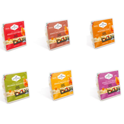 Italian Food Awards: Assorted cheese packages. Asiago, Montasio, Pecorino, Grana Padano. Happy Cheese.