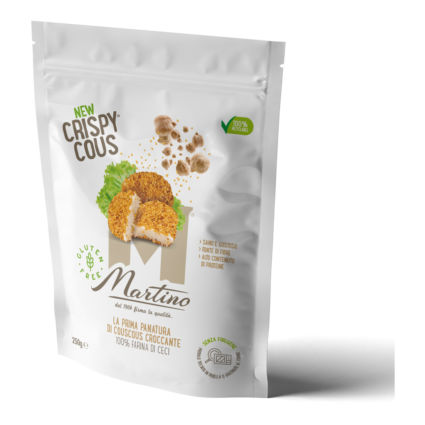 Martino Crispy Couscous package. Italian food award finalist, gluten-free, chickpea flour. Recyclable packaging.