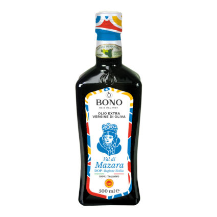 Bonolio Evo PDO Val di Mazzara. Italian extra virgin olive oil in dark glass bottle. Italian Food Awards 2021 finalist.