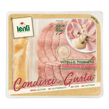 Italian Food Awards finalist: Lenti Vitello Tonnato. Sliced veal with tuna sauce. Ready to eat Italian appetizer.