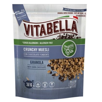 Vitabella granola with dark chocolate. Organic crunchy muesli. Vegan, gluten and dairy free. Italian Food Awards 2021 finalist.