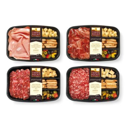 Italian food awards: Terre Ducali salumi Aperitiamo trays with meat, cheese, breadsticks, and olives. Italian appetizers.