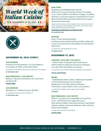 World Week of Italian Cuisine events. Culinary workshops, webinars and documentaries in New York, Boston, Chicago, Miami, Los Angeles.