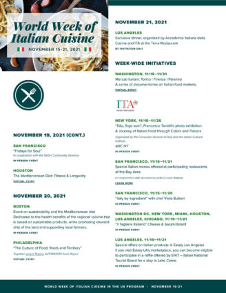 World Week of Italian Cuisine events, November 15-21. Italian food festivals, dinners, and cultural events.
