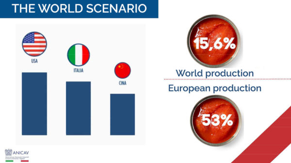 Italy vs China: Processed tomato production chart. World production 15.6%, European production 53%. USA, Italy, China comparison.