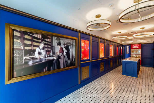 Barilla Bottega interior. Blue walls, framed vintage photo, pasta displays, and ring chandeliers. Italian food brand design.