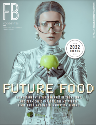 Datassential FoodBytes report cover: Future Food, 2022 trends. Woman with apple, futuristic style. Italian cuisine trends.